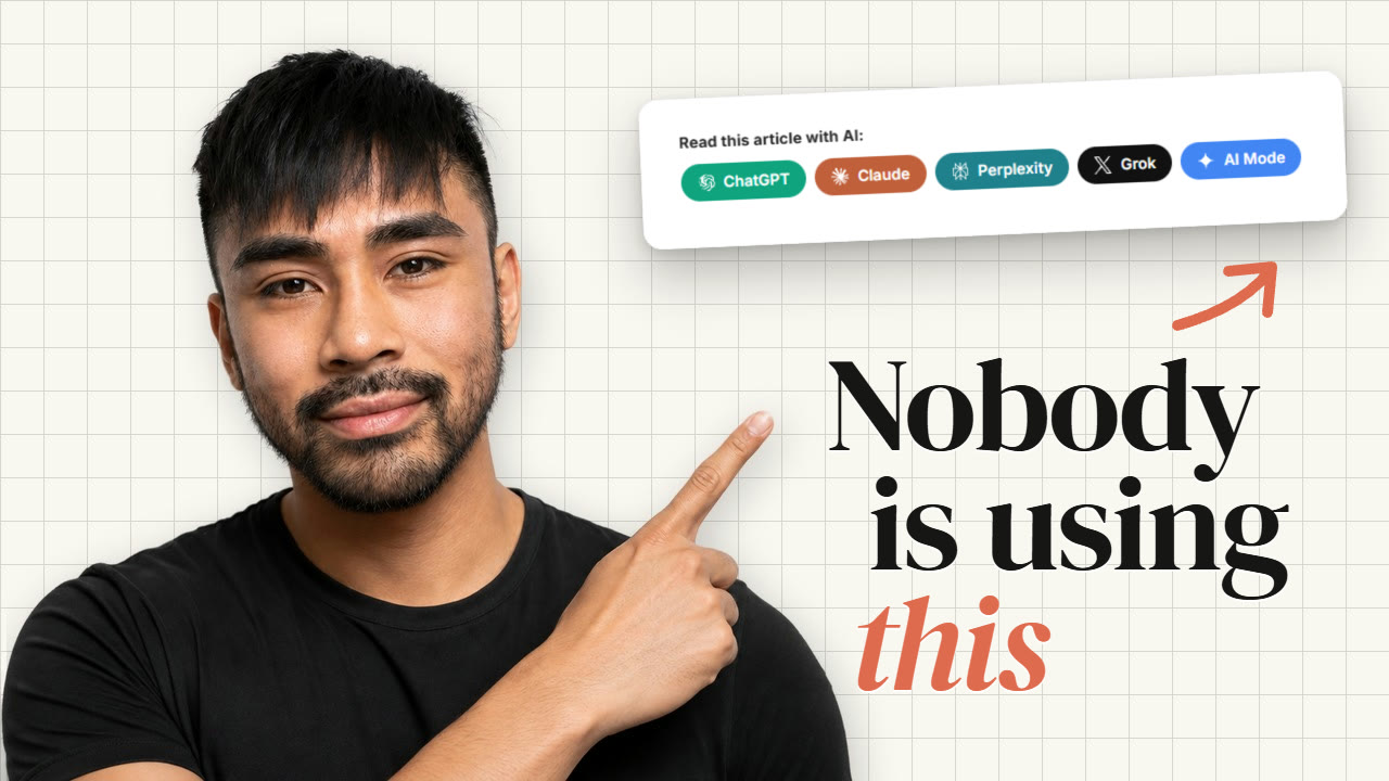 Richard pointing at a row of AI share buttons (ChatGPT, Claude, Perplexity, Grok, AI Mode) next to the words: Nobody is using this.